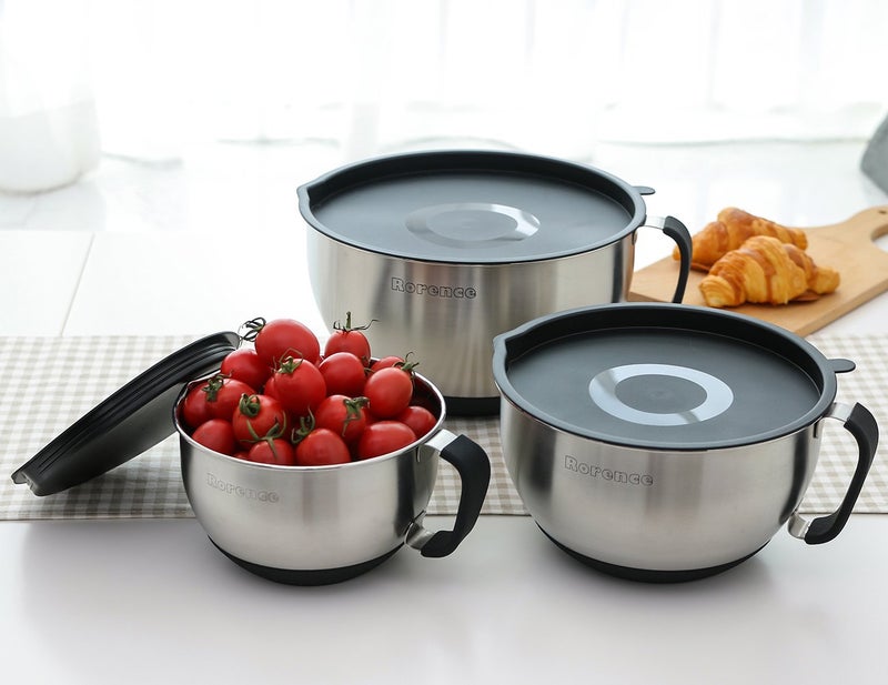 Rorence Stainless Steel Non-Slip Mixing Bowls With Pour Spout, Handle and Lid, Set of 3, Black - Image 3